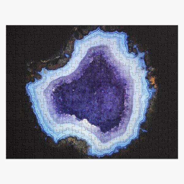 Geode Agathe Amethyst purple and light blue magic mineral rock slice in half with pastel purple and violet crystals natural photography Jigsaw Puzzle