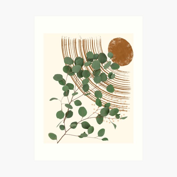 Eucalyptus Branch Abstract Collage Tropical Boho Minimalist Art with warm earthy tones and pastel colors with solid and soft gradient shapes III Art Print