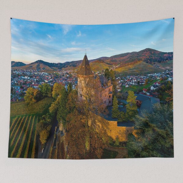 Item preview, Colorful landscape aerial view of little village Kappelrodeck in Black Forest mountains. Beautiful medieval castle Burg Rodeck. designed and sold by Alexander Sorokopud.