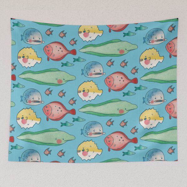Item preview, Cute Cartoon Watercolor Pufferfish, Eel, and Flatfish Pattern designed and sold by TheRainbowRoom.