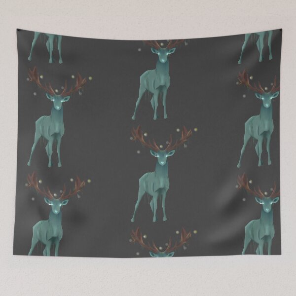 Item preview, Illustration of a forest deer surrounded by fireflies with dark grey background designed and sold by Olea-Arbor.