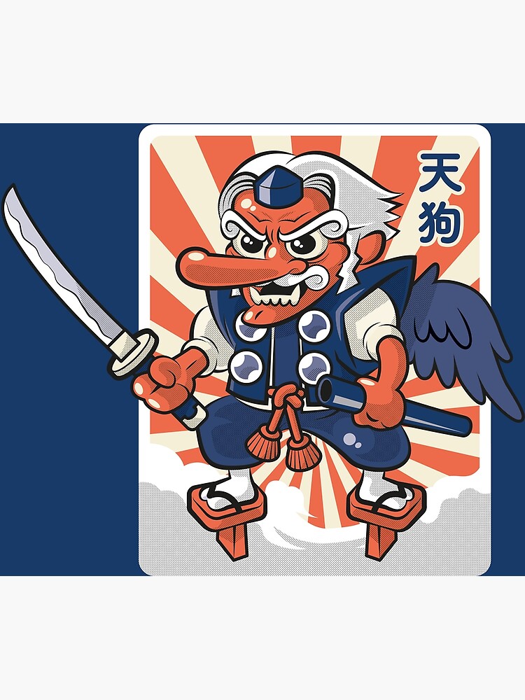 tengu, japanese, anime, kami, god, spirit, kimono, design, flame, blue,  red Sticker for Sale by Zagalar