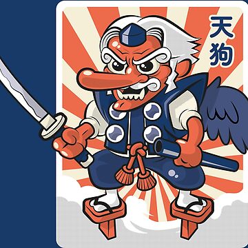 tengu, japanese, anime, kami, god, spirit, kimono, design, flame, blue,  red Sticker for Sale by Zagalar