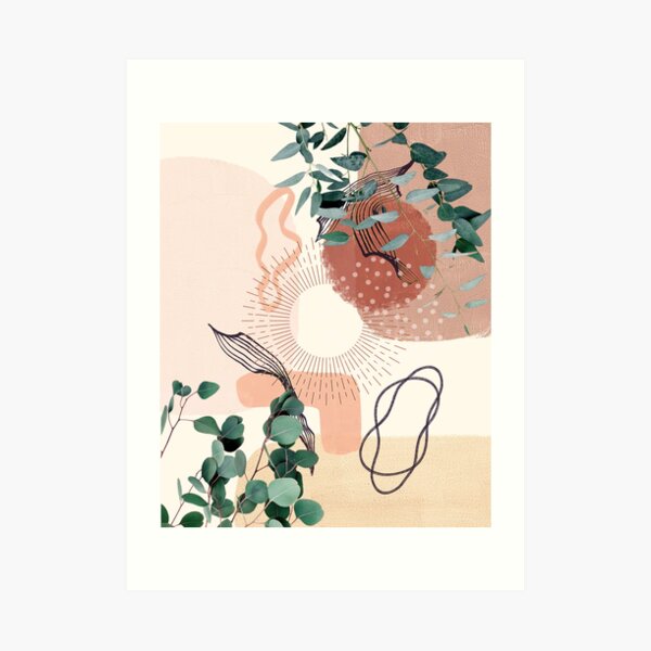 Eucalyptus Branch Abstract Tropical Boho Minimalist Art with warm earthy tones and pastel colors with solid and soft gradient shapes VI Art Print