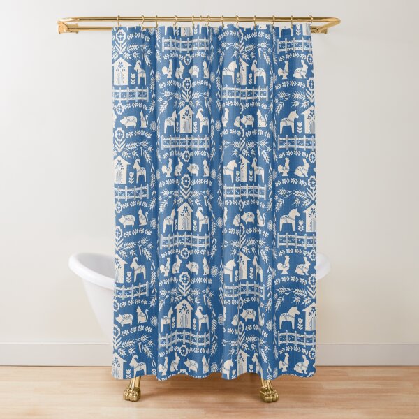 Dala Farm in Blue Shower Curtain