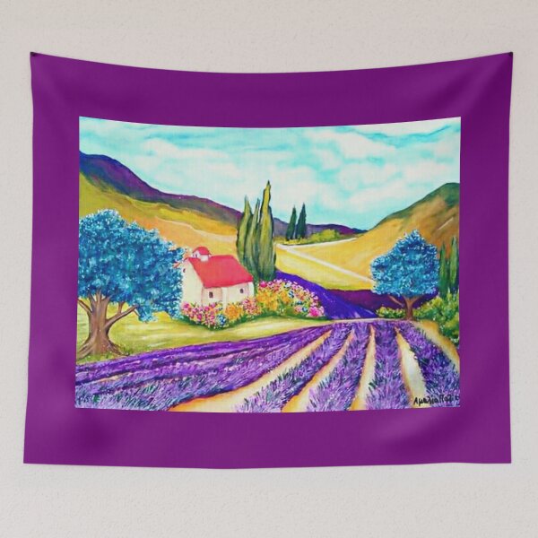 Item preview, Cottage in lavender field gouache painting designed and sold by horseaddicted.