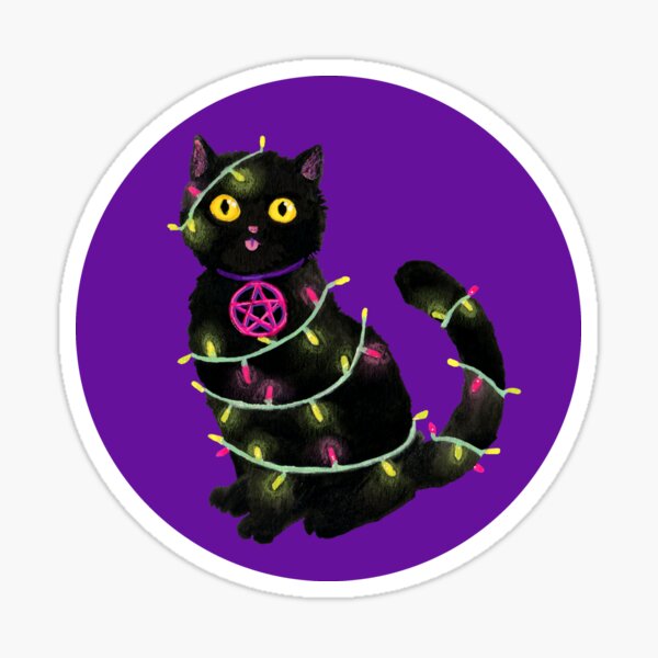 Katze Weihnachten Lichterkette mit lilanem Kreis Sticker