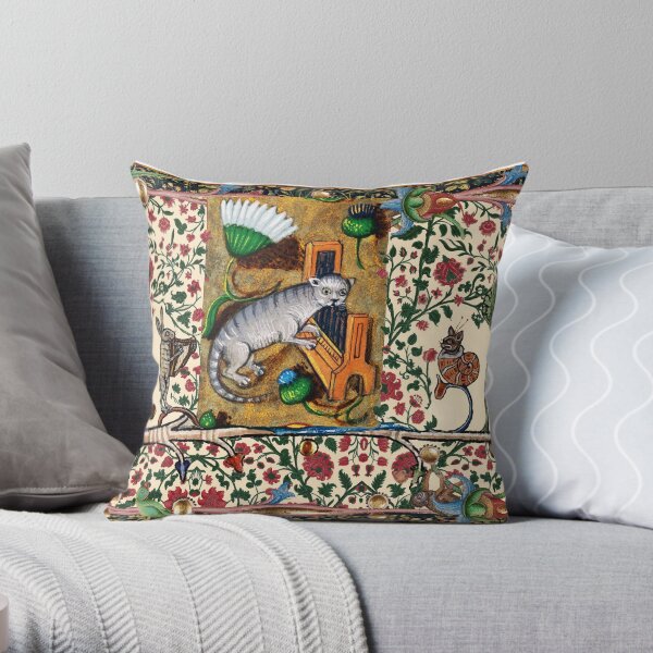 WEIRD MEDIEVAL BESTIARY MAKING MUSIC,Cat Playing Organ,Harpist Rabbit,Snail Cat Throw Pillow