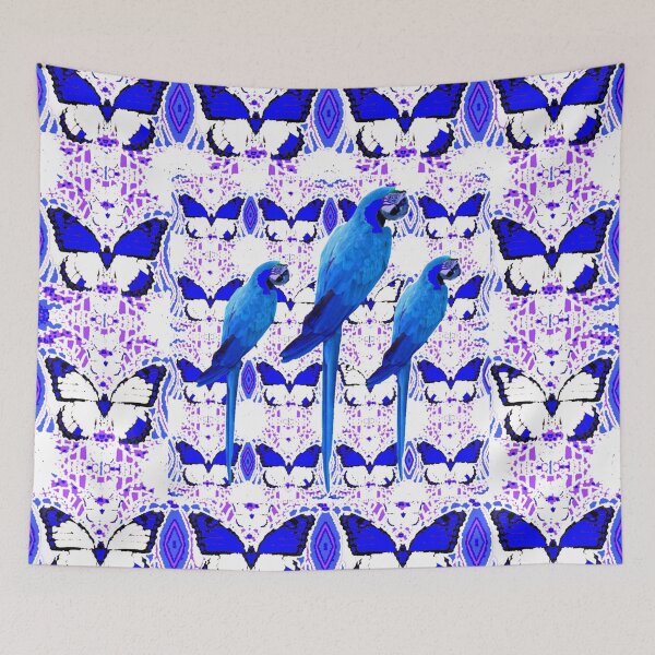 Item preview, TROPICAL BLUE PARROTS ON WHITE-BLUE BUTTERFLIES PATTERN ART designed and sold by sharlesart.