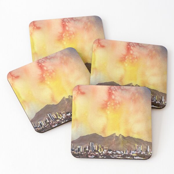 Artikelvorschau, Skyline-Gemälde von Monterrey, Mexiko. Kunst Aquarellmalerei von Monterrey, Mexiko bei Sonnenuntergang bildende Kunst entworfen und verkauft von rfoxphoto.