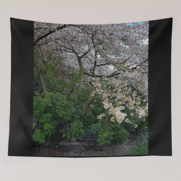 Item preview, Blossoming Cherry Tree Arching Over Stairs designed and sold by The Mysterious Domain Alyne Whiteswan Fine Art Prints and Merch.