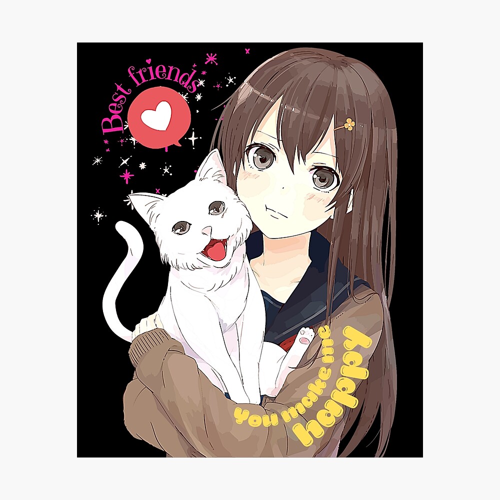 Anime girl with cat - best friends
