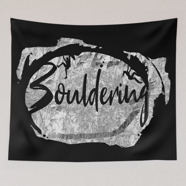 Item preview, Bouldering lettering with climbing in front of a silver gray rock wall - bouldering gift designed and sold by MadandMean.