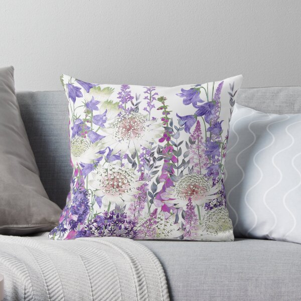 Flower Garden - Astrantia, Campanula, Foxgloves & Alliums Throw Pillow