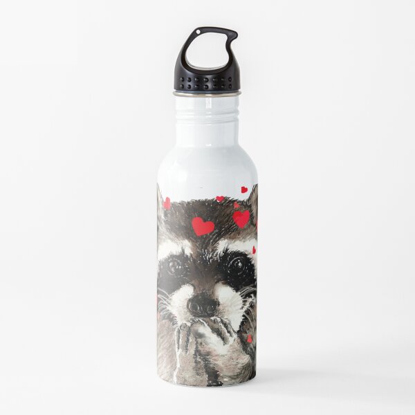 Cute Watercolor Raccoon Blowing Kisses & Hearts Water Bottle