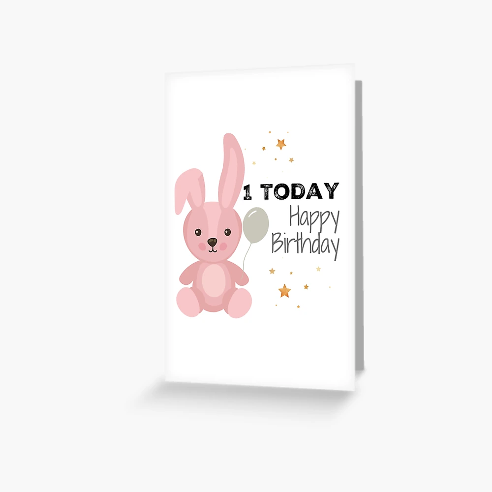 Happy first birthday candle. Baby girl greeting card with bunny