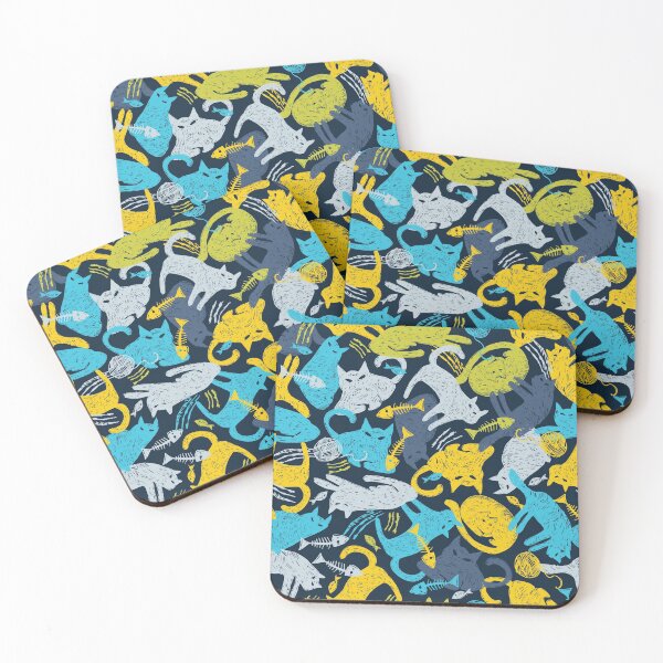 Item preview, Vector dark blue colourful mystery cat pen sketch seamless pattern chaotic arrangement. designed and sold by jamiesoondesign.