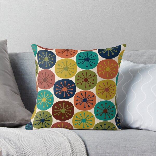 Aperçu de l'œuvre Atomic Age Retro Dots - Motif moderne du milieu du siècle en turquoise, vert olive, moutarde, orange, bleu et crème créée et vendue par kierkegaard.