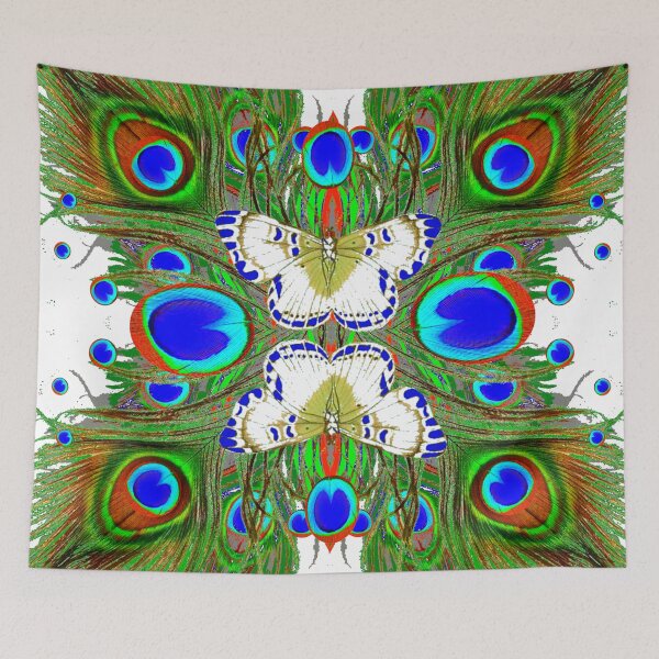 Item preview, WHITE BUTTERFLIES & BLUE-GREEN  PEACOCK FEATHERS PATTERNS designed and sold by sharlesart.