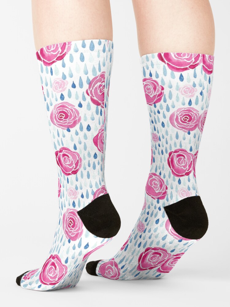 Alternate view of Raindrops on roses - white background Socks