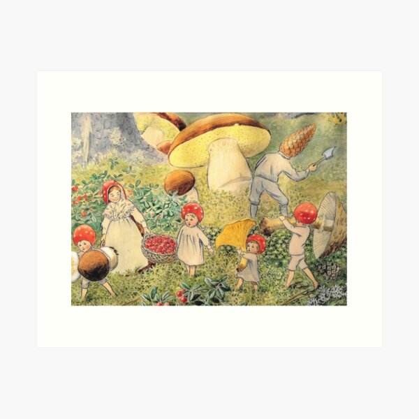 “Harvesting Mushrooms” by Elsa Beskow (1923) Art Print