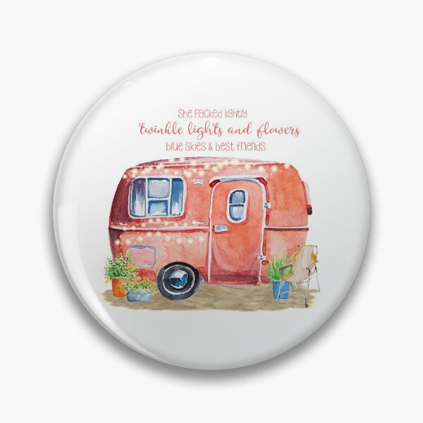 Item preview, A watercolor vintage camper setting with fun quote for the lover of the glamping lifestyle - "She packed lightly, twinkle lights and flowers, blue skies and best friends". designed and sold by ReefCoast.