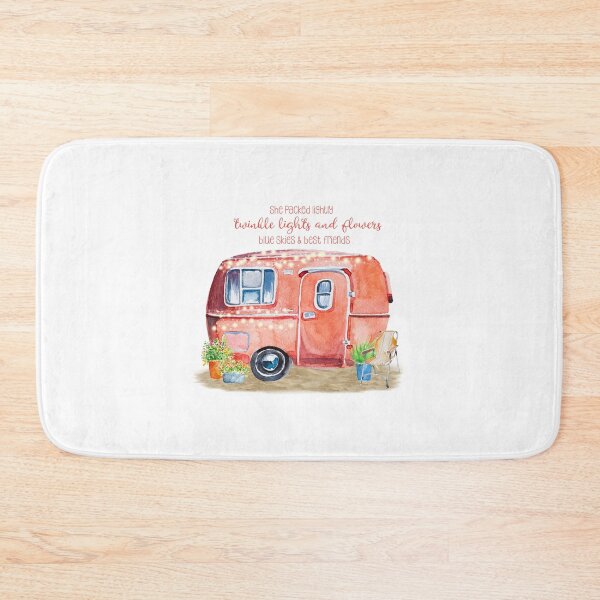 Item preview, A watercolor vintage camper setting with fun quote for the lover of the glamping lifestyle - "She packed lightly, twinkle lights and flowers, blue skies and best friends". designed and sold by ReefCoast.