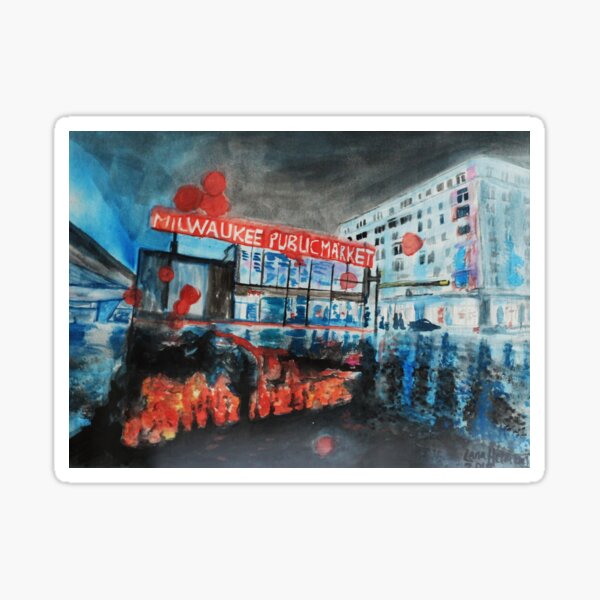 Rainy Night at The Milwaukee Public Market, watercolor painting by Lana Holman Sticker