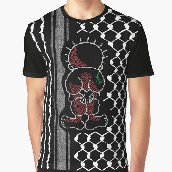 Palestinian Handalah Caricature In Tatreez Embroidery Like Design Kufiya Pattern - wht Graphic T-Shirt