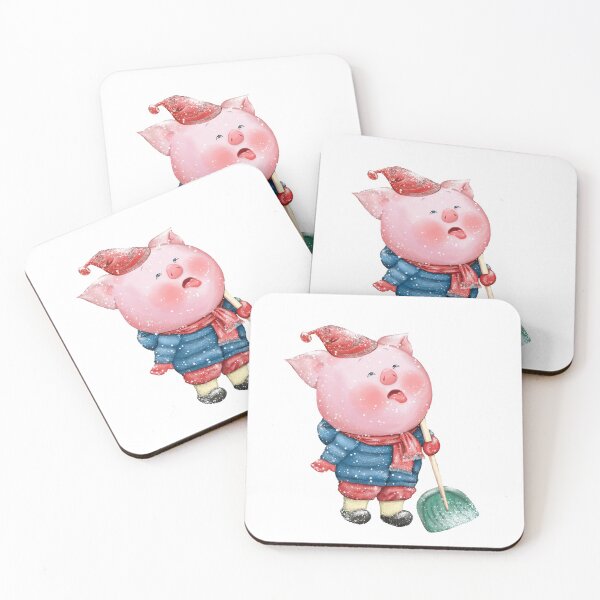 Item preview, Baby pig in a red hat, mittens, trousers and red trousers, in a blue jacket, with a green shovel in his hands catches the snow with his tongue designed and sold by Alekseevna.