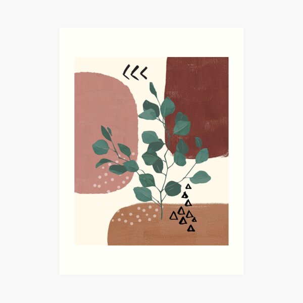 Eucalyptus Branch Abstract Watercolor Tropical Boho Minimalist Art with warm earthy tones and pastel colors with solid and soft gradient shapes IX Art Print