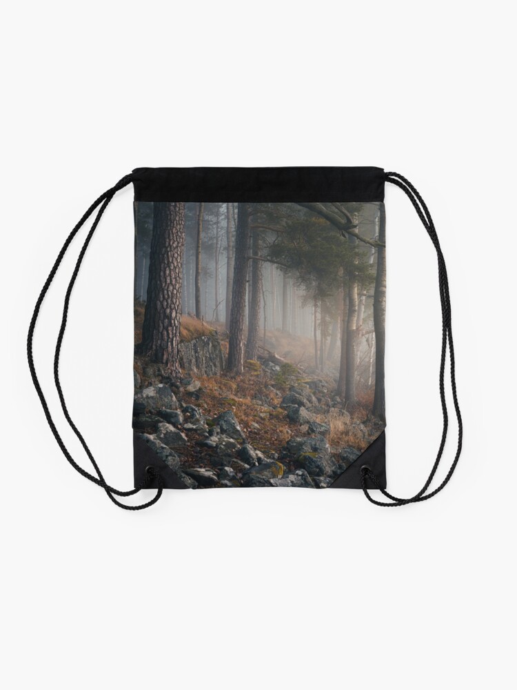 Alternate view of Foggy forest landscape Drawstring Bag