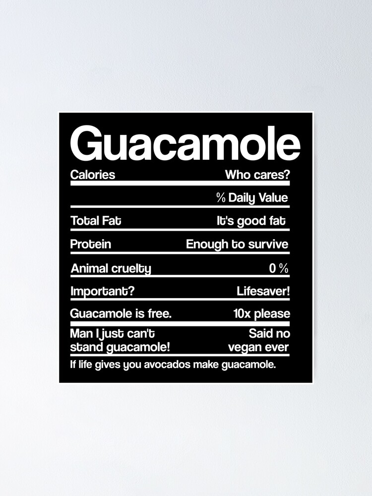 "GUACAMOLE NUTRITION FACTS" Poster by Redbubble