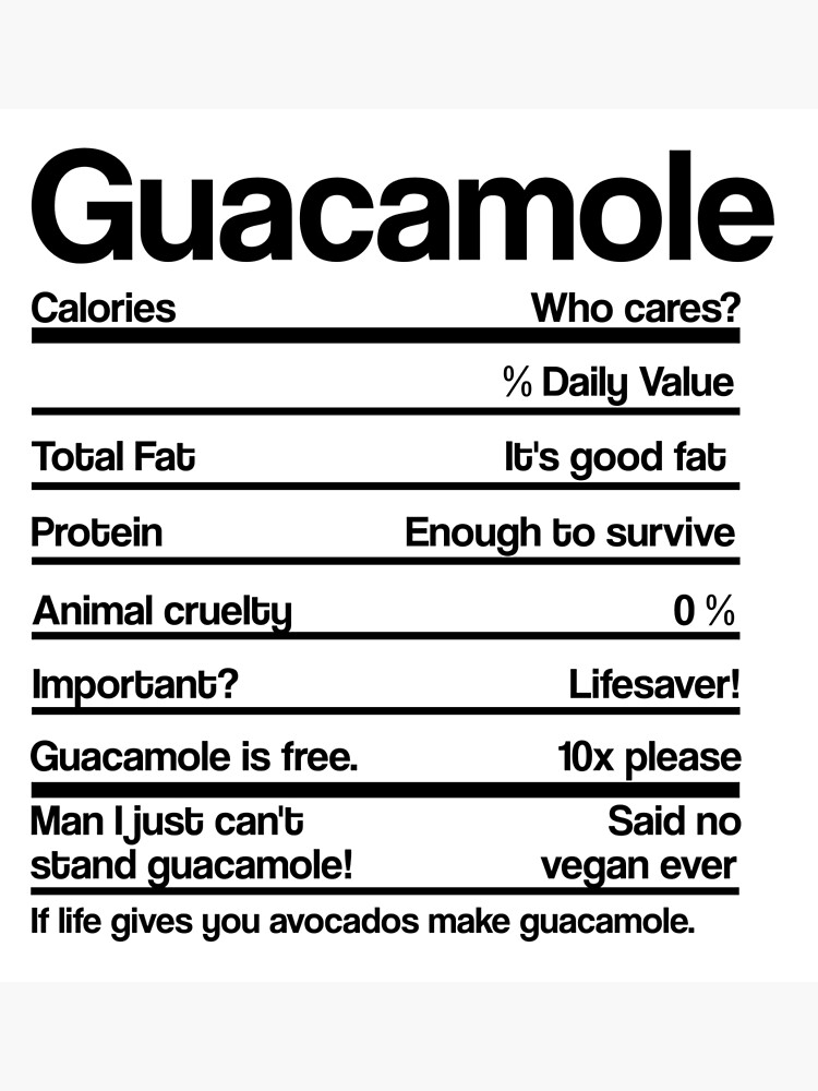 "GUACAMOLE NUTRITION FACTS" Poster by Redbubble