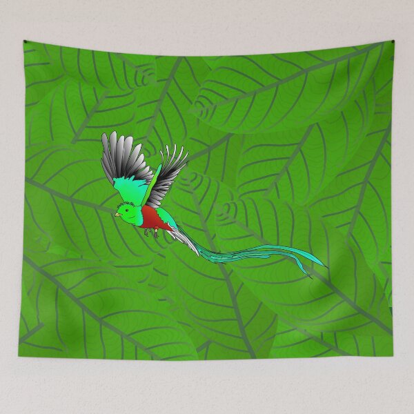 Item preview, Tropical bird quetzal on avocado leaves background designed and sold by NatureNature.