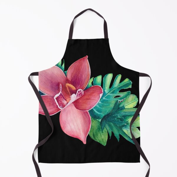 Pink watercolor Orchid - black background by Linda Sholberg Apron