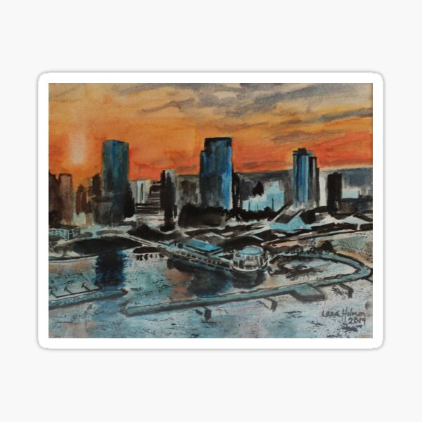 Downtown Milwaukee Skyline at Sunset, watercolor painting by Lana Holman Sticker