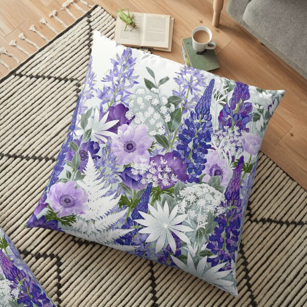 Blue Flower Garden - Lupins, Anemones, Camassia, Ammi Floor Pillow