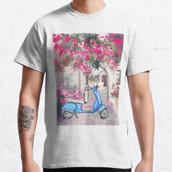 Retro scooter in mediterranean street line art sketch Classic T-Shirt