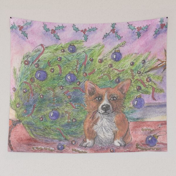 Item preview, Corgi dog looking innocent in front of a fallen Christmas tree designed and sold by SusanAlisonArt.