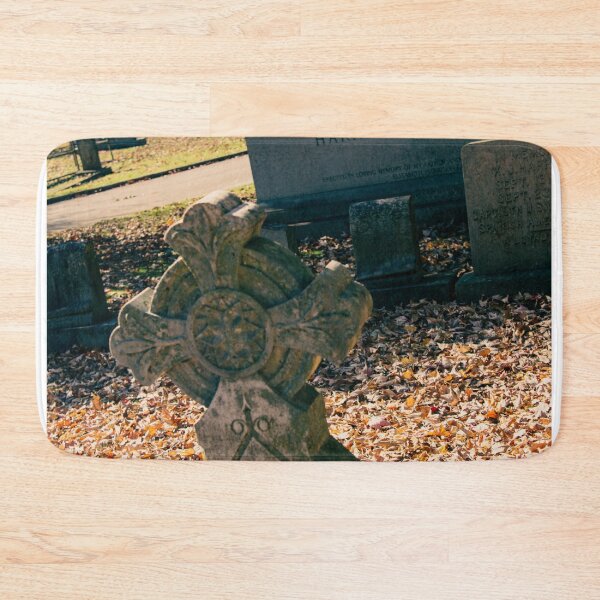 Item preview, Gothic Cross Headstone on Grave surrounded by Autumn Leaves in Historic Cemetery designed and sold by Silver Sky by Janet.