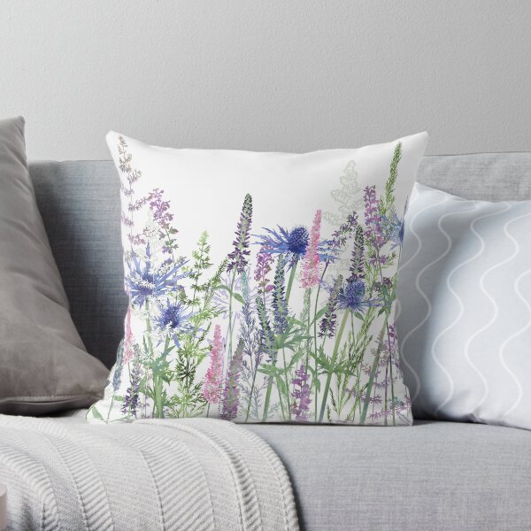 Flower Meadow - Sea Holly, Veronica Flowers, Catmint, Grasses Throw Pillow