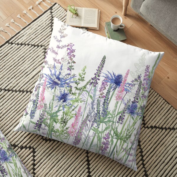 Flower Meadow - Sea Holly, Veronica Flowers, Catmint, Grasses Floor Pillow