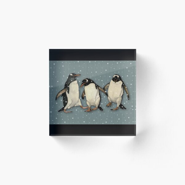 Penguin Trio Dancing in the Snow Wildlife Illustration Acrylic Block