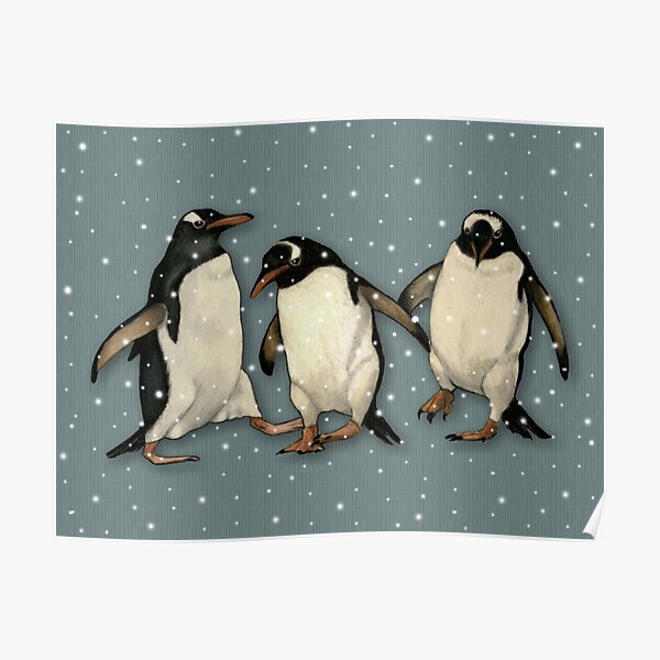 Penguin Trio Dancing in the Snow Wildlife Illustration Poster