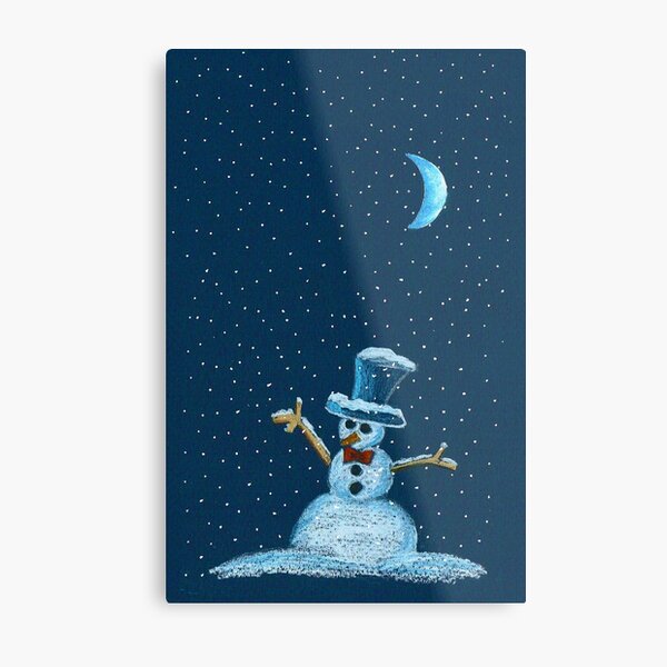 Snowman in Moonlight, a Winter Snowy Scene Metal Print