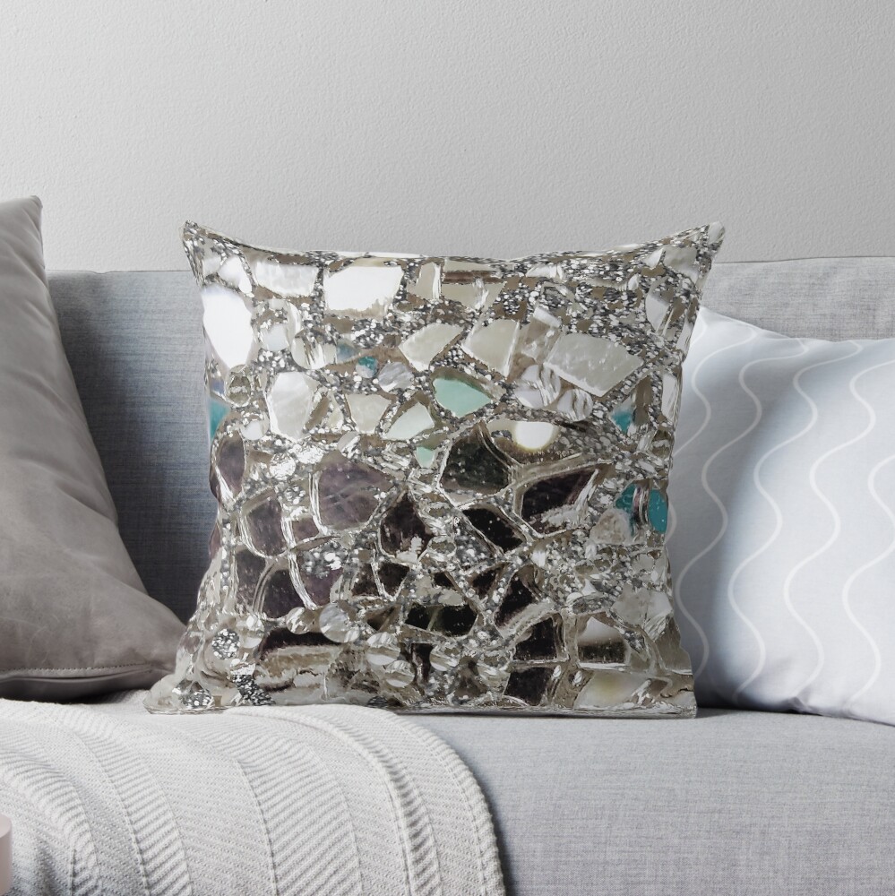 An Image of An Explosion of Sparkly Silver Glitter, Glass and Mirror Throw Pillow