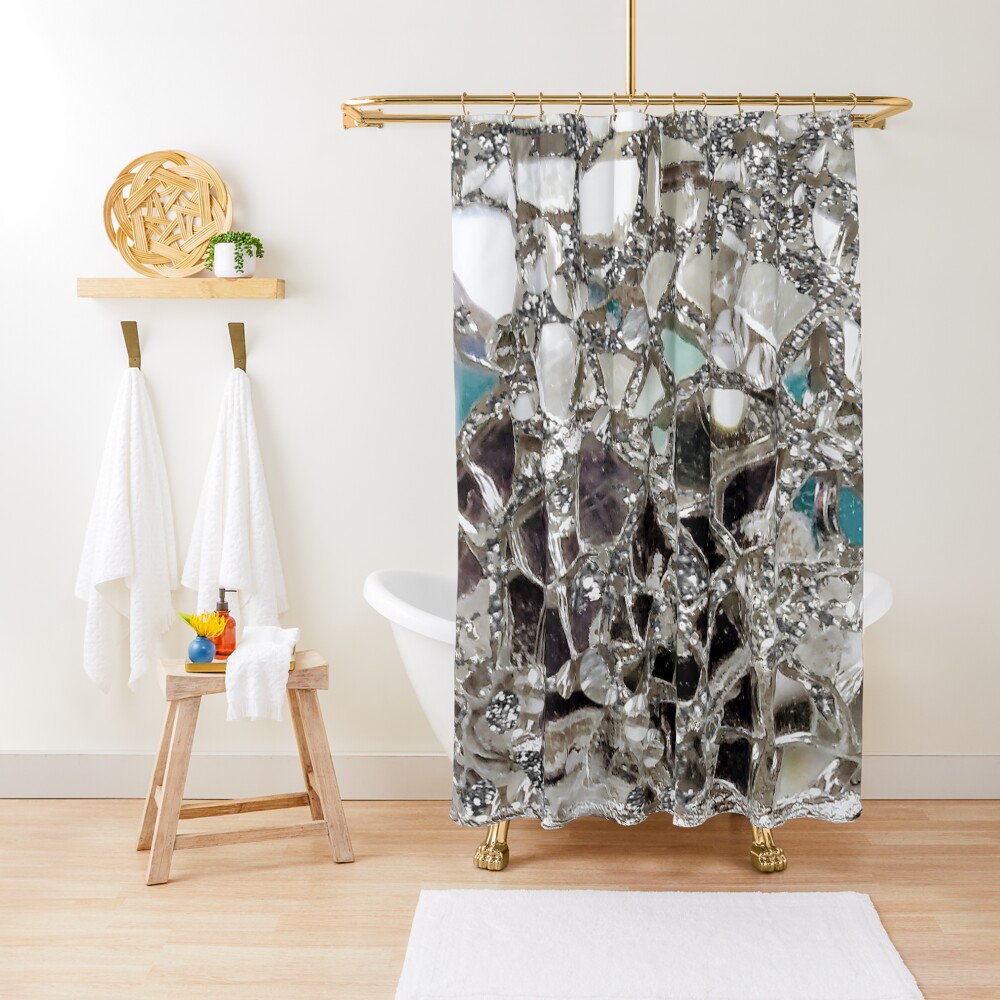 An Image of An Explosion of Sparkly Silver Glitter, Glass and Mirror Shower Curtain