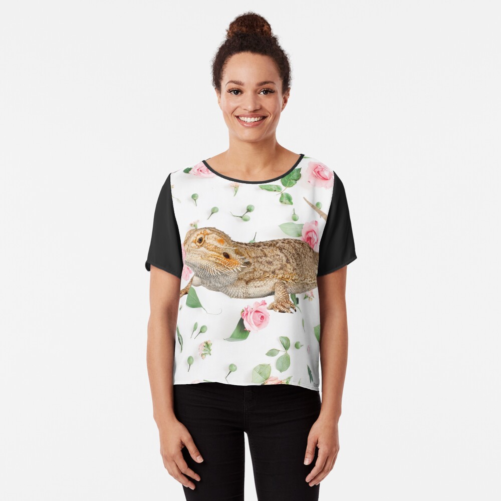 Bearded Dragon On A Carnation Background Chiffon Top
