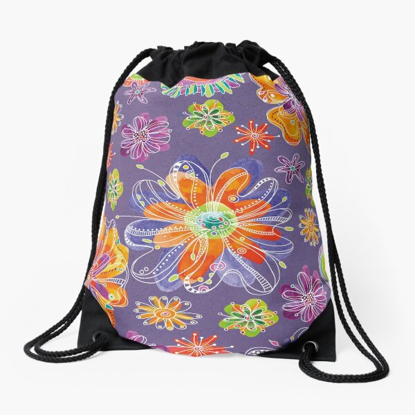 White Daisy Drawstring Bag Flower Gym Bag Green and Yellow Floral Drawstring Backpack